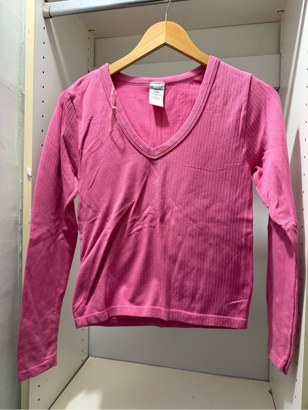 No Boundaries Pink Ribbed V-Neck Long Sleeve Top